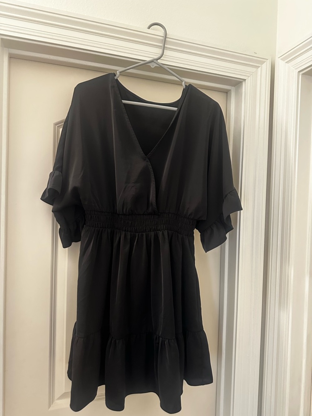 Amazon Black V-Neck Smocked Waist Mini Dress with Flutter Sleeves